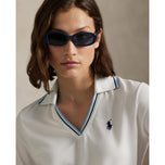 RLX Ralph Lauren Women's V Neck Tour Pique Golf Polo Shirt - Ceramic White/Refined Navy/Sutton Blue
