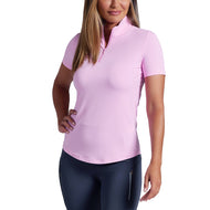 IBKUL Kvinnors Solid Kortärmad Zip Mock Neck Shirt - Candy Pink